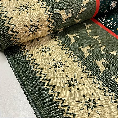 Oxford Estampada de Natal Barrado com Fundo Verde, Florzinhas e Renas