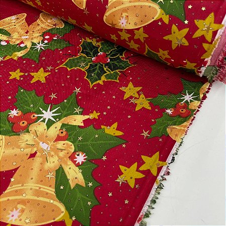Oxford Natalino Shine Fundo Vermelho com Sinos e Estrelinhas