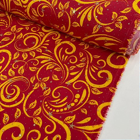 Oxford Natalino Shine Fundo Vermelho com Ramos Amarelos