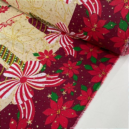 Oxford Natalino Shine Barrado com Velas e Laços com Fundo Creme e Flores