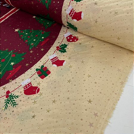 Oxford Natalino Shine Barrado com Motivos Natalinos, Árvores e Papai Noel