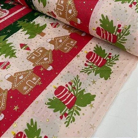 Oxford Natalino Shine Barrado Velas, Casinhas e Papai Noel