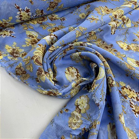 Crepe Chiffon Estampado Fundo Azul Clarinho com Florzinhas Amarelas