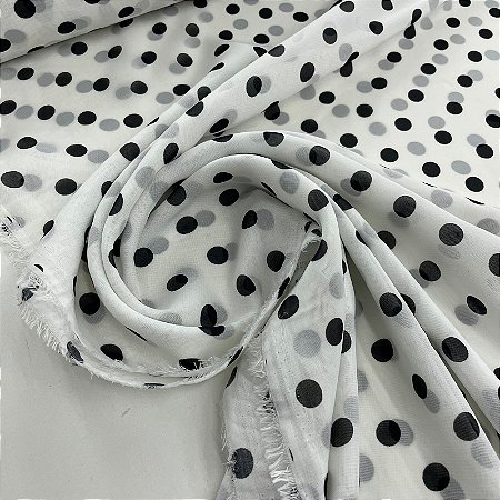 Crepe Chiffon Estampado Fundo Branco com Poá Preto