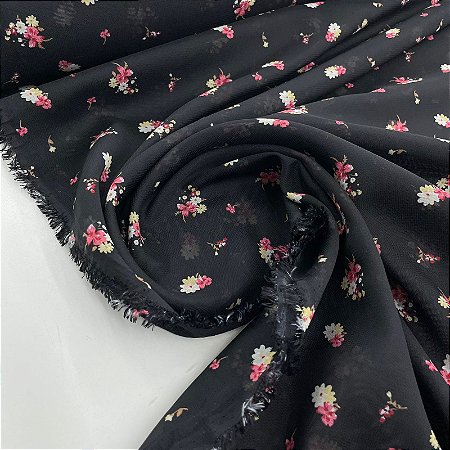 Crepe Chiffon Estampado Fundo Preto com Florzinhas Rosas