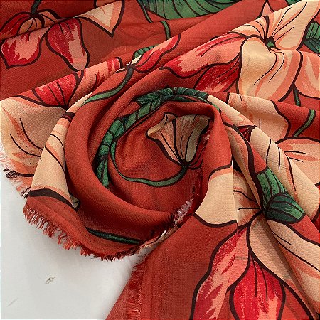 Crepe Chiffon Estampado Fundo Terracota com Flor Bege e Vermelha
