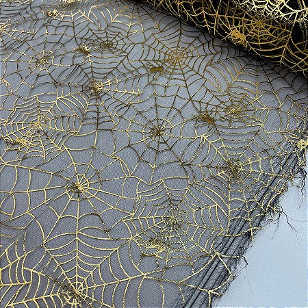 Organza Halloween Fundo Preto com Teias Douradas