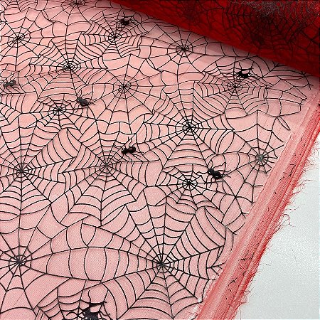 Organza Halloween Fundo Vermelho com Teias Pretas