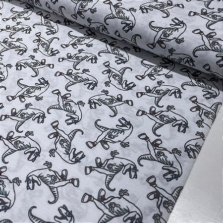 Poliviscose Estampada Fundo Cinza com Dinossauros