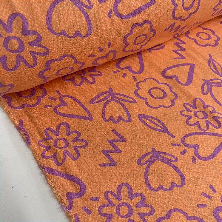 Viscose Estampada Fundo Laranja com Corações e Flores