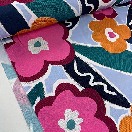 Viscose Estampada Fundo Azul Bebê Floral Grande Rosa e Amarelo