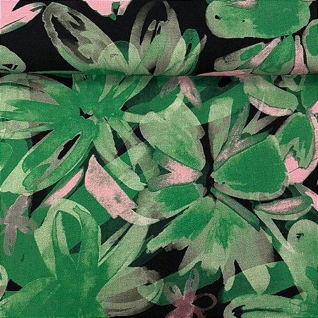 Viscose Estampada Fundo Preto com Floral Graudo Verde e Rosa
