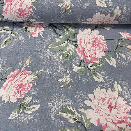 Percal Estampado 180 Fios Fundo Azul com Floral Grande Rosa