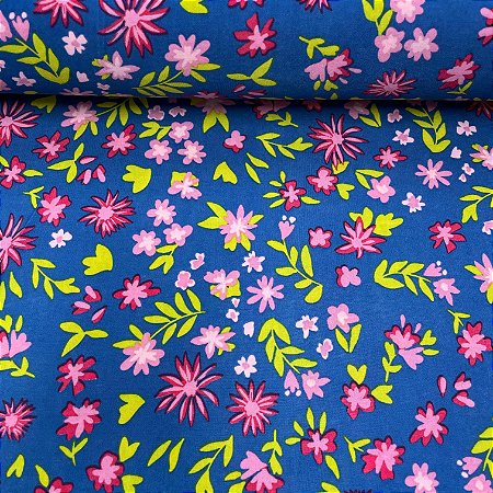 Liganete Estampada Fundo Azul com Floral Rosa