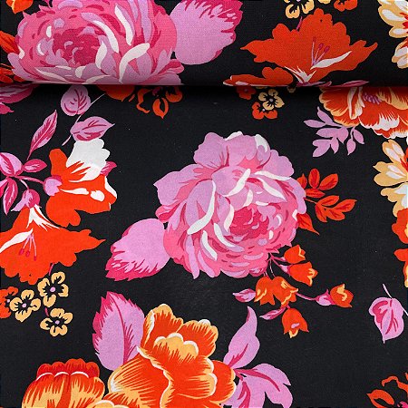 Liganete Estampada Fundo Preto Floral Laranja e Rosa