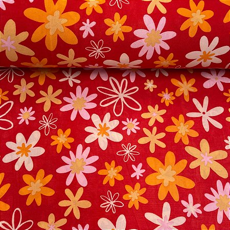 Liganete Estampada Fundo Vermelho com Flores Rosas e Amarelas