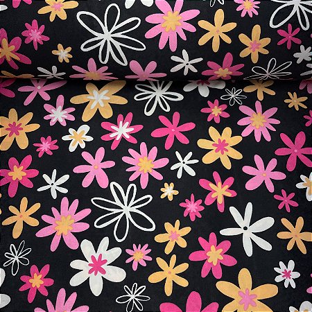 Liganete Estampada Fundo Preto com Flores Rosas e Amarelas