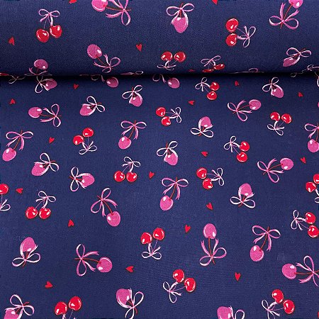 Liganete Estampada Fundo Marinho com Cerejas e Laços