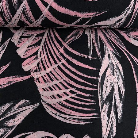 Liganete Estampada Fundo Preto com Folhas Brancas e Rosas