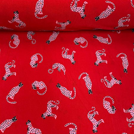 Liganete Estampada Fundo Vermelho com Leopardo Rosa