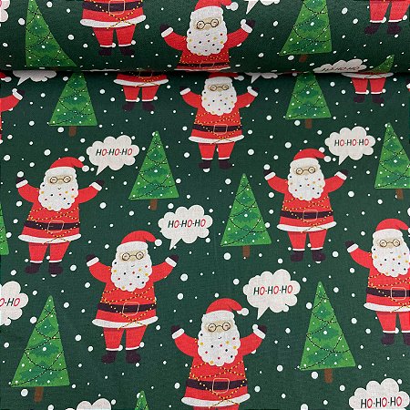 Tricoline Estampada de Natal Fundo Verde com Árvores e Papai Noel