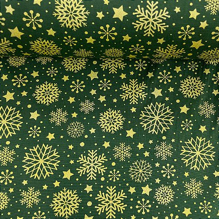Tricoline Estampada de Natal Fundo Verde com Flocos, Estrelas e Poá Dourado