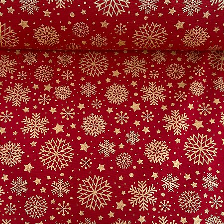 Tricoline Estampada de Natal Fundo Vermelho com Flocos, Estrelas e Poá Dourado
