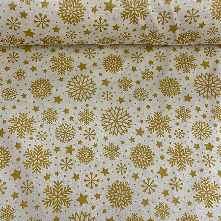 Tricoline Estampada de Natal Fundo Marfim com Flocos, Estrelas e Poá Dourado