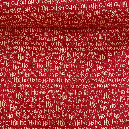 Tricoline Estampada de Natal Fundo Fundo Vermelho Hohoho Dourado
