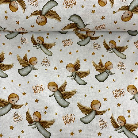 Tricoline Estampada de Natal Fundo Branco com Anjinhos e Estrelinhas Douradas