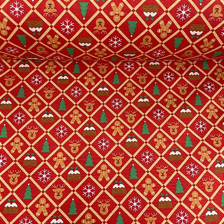 Tricoline Estampada de Natal Fundo Vermelho Quadriculado com Biscoitos, Árvores e Flocos