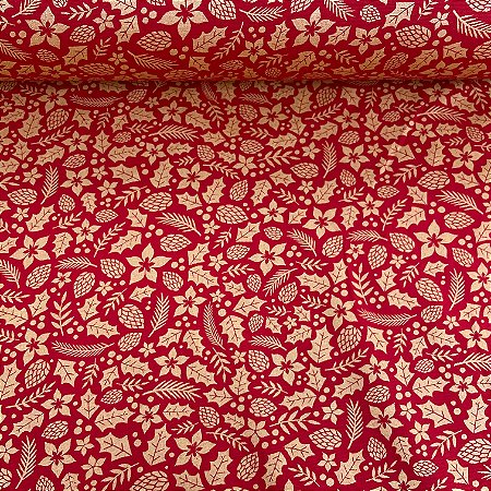 Tricoline Estampada de Natal Fundo Vermelho com Florzinhas e Castanhas