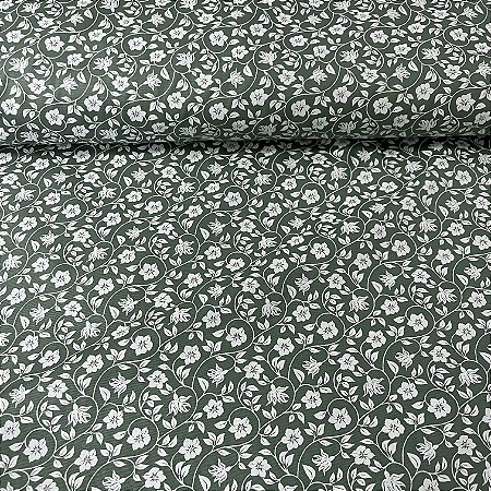 Tricoline Estampada Bahamas Fundo Verde com Flores e Plantas Brancas