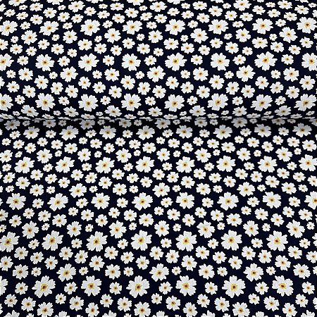 Tricoline Estampada Bahamas Fundo Preto Com Florzinhas Brancas E Detalhes Amarelos