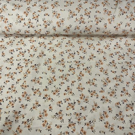 Tricoline Estampada Bahamas Fundo Bege Com Florzinhas Laranjas E Amarelas