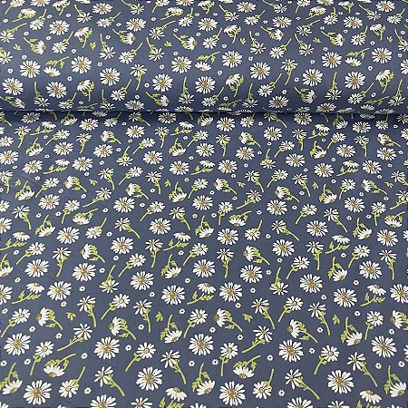 Tricoline Estampada Bahamas Fundo Azul Com Margaridas