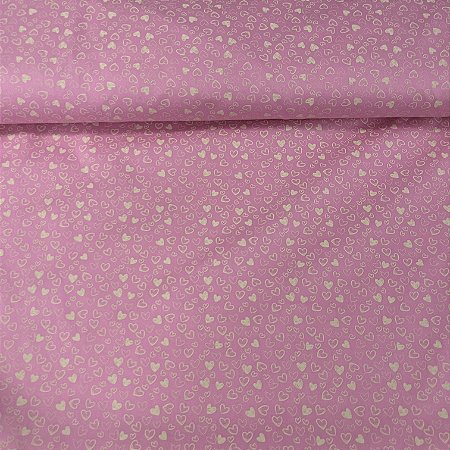 Tricoline Estampada Bahamas Fundo Rosa Com Corações Beges Desenhados