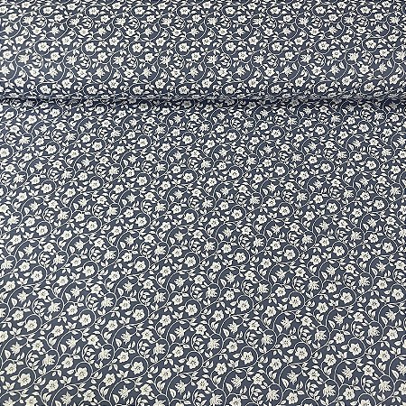 Tricoline Estampada Bahamas Fundo Azul Escuro Com Flores e Plantas Brancos