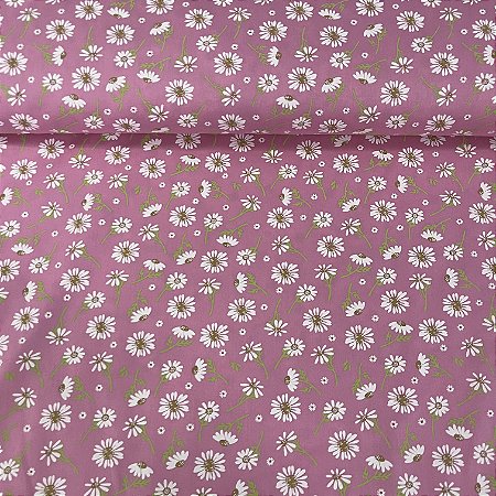 Tricoline Estampada Bahamas Fundo Rosa Com Margaridas