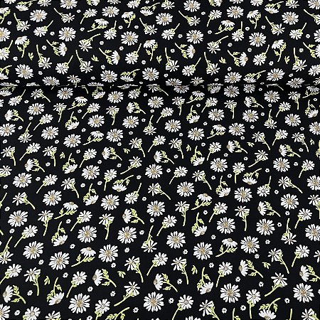 Tricoline Estampada Bahamas Fundo Preto Com Margaridas