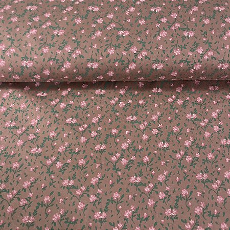 Tricoline Estampada Bahamas Fundo Marrom Rosado Com Flores Rosas