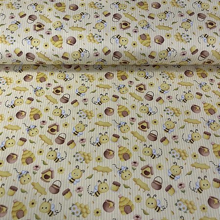 Tricoline Estampada Bahamas Fundo Listrado Amarelo Com Abelhinhas e Mel