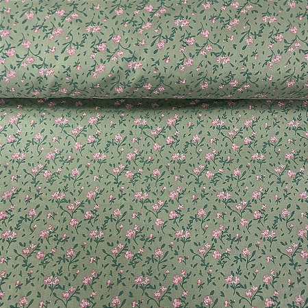 Tricoline Estampada Bahamas Fundo Verde Alecrim Com Flores Rosas
