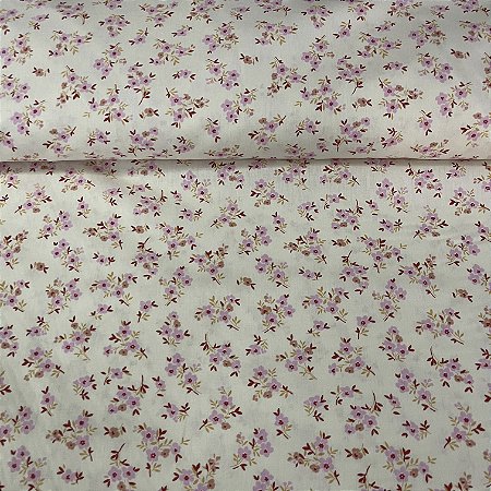 Tricoline Estampada Bahamas Fundo Marfim Com Flores Rosas