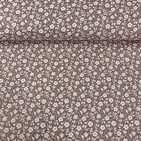 Tricoline Estampada Bahamas Fundo Marrom Com Flores e Ramos Brancos