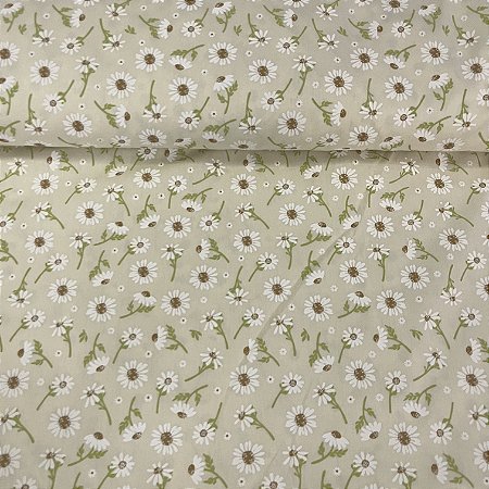 Tricoline Estampada Bahamas Fundo Bege Com Flores Brancas