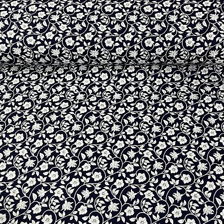 Tricoline Estampada Bahamas Fundo Azul Escuro Com Flores e Ramos Brancos