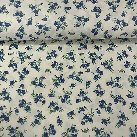 Tricoline Estampada Bahamas Fundo Marfim Com Flores Azuis