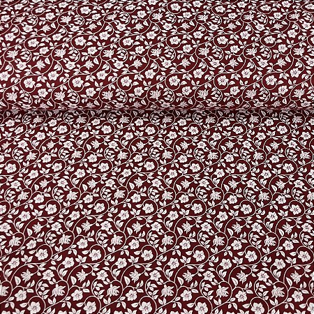 Tricoline Estampada Bahamas Fundo Vermelho Com Flores e Ramos Brancos