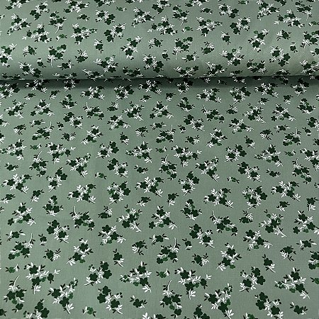 Tricoline Estampada Bahamas Fundo Verde Alecrim Com Flores Verde Escuro